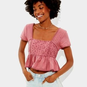 American Eagle Cropped Embroidered Babydoll Square Neck Top Berry Women's Medium